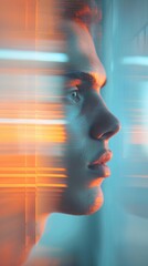 Young Man with Neon Lights Reflecting on Face in Artistic Portrait