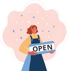 Cartoon vector illustration of Small Business owner with open sign in her hands.