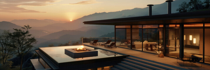 Fototapeta premium Sweepingly luxurious home featuring an infinity pool overlooking mountain vistas at sunset