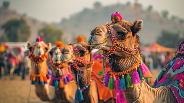 A vibrant image of the Pushkar Camel Fair with camels decorated in colorful patterns and traditional attire, showcasing the cultural richness of Rajasthan