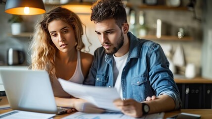 Young Couple Reviewing Finances at Home