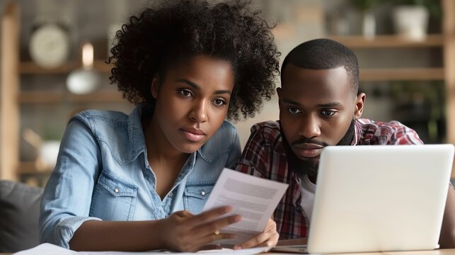 Focused Couple Reviewing Documents and a Laptop