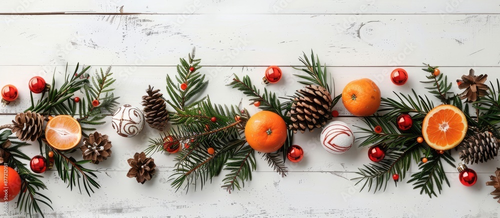 Poster festive holiday backdrop with merry christmas ornaments like branches balls cones tangerines and dec