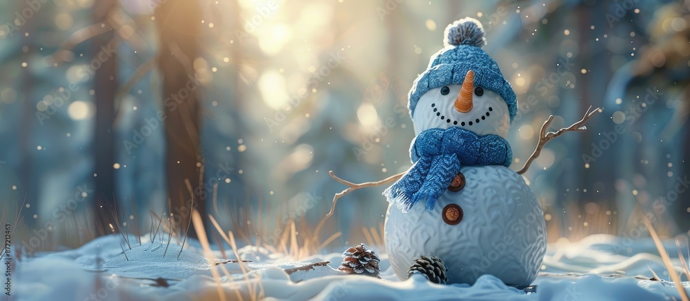 Poster a charming snowman wearing blue winter attire stands in a forest park crafted with pine cones as eye
