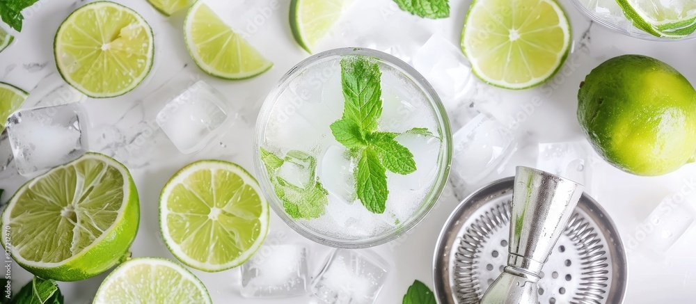 Poster prepare a refreshing mojito cocktail using lime and mint with a shaker strainer and glass arranged n