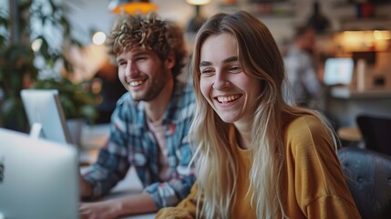 Happy Young Woman and a Man Working at a Computer in an Office