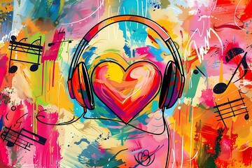Abstract painting with headphones and a heart, music notes, and vibrant colours.