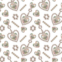 Seamless pattern of pearl jewelry in the shape of a heart on a white background. Watercolor illustration in pastel palette with holographic effect for wallpaper, Valentine's card, engagement, wedding