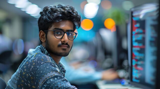 A software engineer working at a tech startup, representing India growing presence in the global IT industry, Sony camera