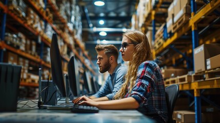 Warehouse Workers Utilize Computers for Inventory Management