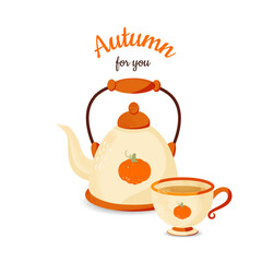 Hello cozy autumn card, banner template with teapot and cup of tea. Service with pumpkins. Vector illustration