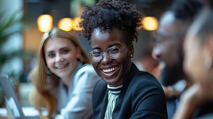 Obraz premium Laughing Woman in Business Attire with Colleagues