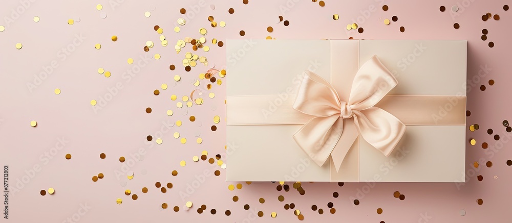 Poster A white card with a bow confetti and room for a photo. with copy space image. Place for adding text or design