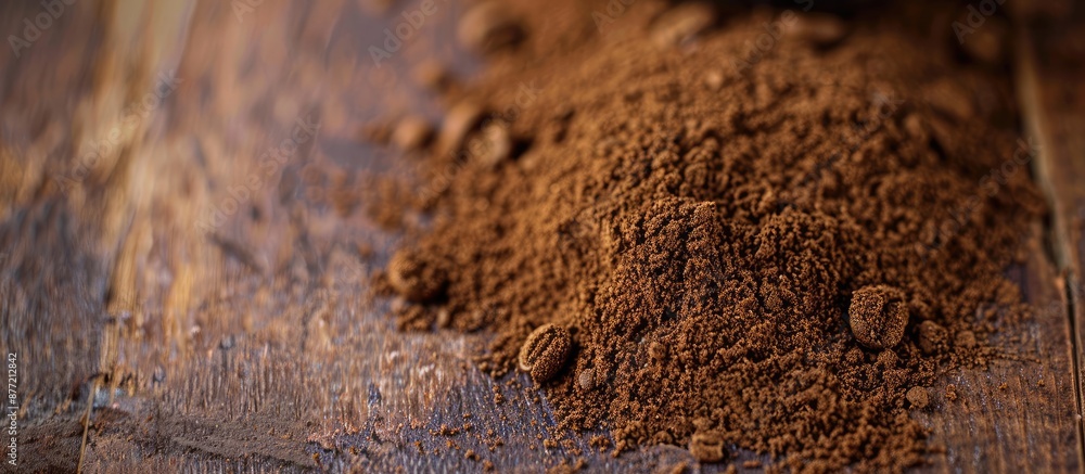 Poster close up view of ground coffee on a wooden backdrop with copy space image