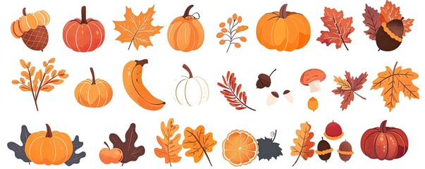 Autumn illustrations with pumpkins, leaves, acorns, and fall elements on white background. Perfect for seasonal and festive designs.