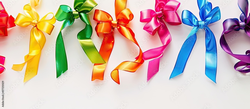 Aufkleber copy space image with colorful ribbons and bows set against a white background