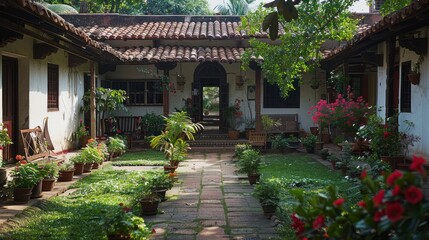 A serene image of a traditional Indian home with a courtyard garden, showcasing the architectural style and cultural elements of Indian living