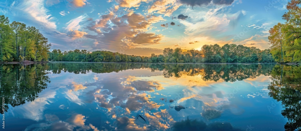 Poster a serene sunset by the lake with trees and clouds mirrored on the glassy water capturing a peaceful 