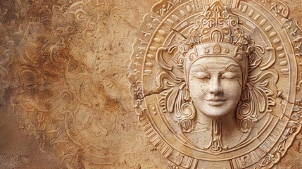 Mandala pattern on grunge paper background with Assyrian deity statue Text space mockup template