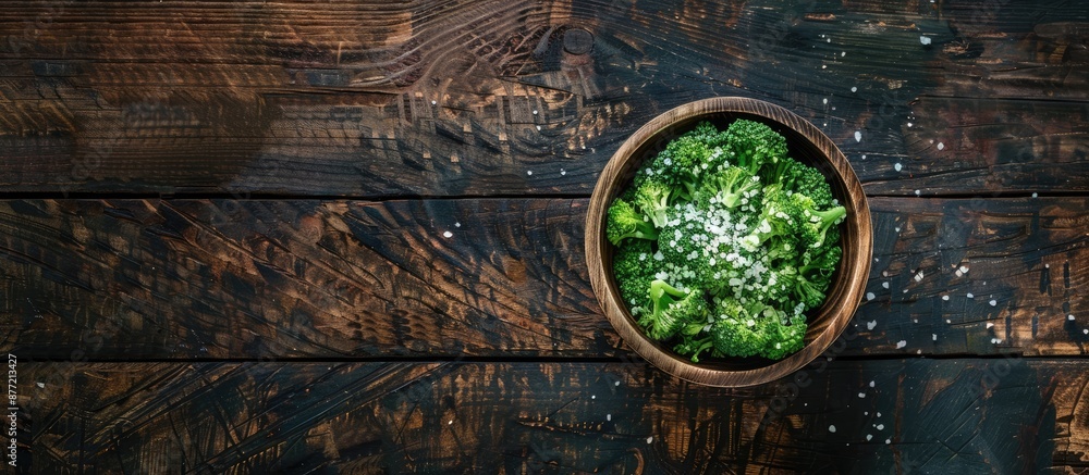 Aufkleber an aerial view of a bowl of sea salt topped green broccoli on a dark rustic wooden surface providing
