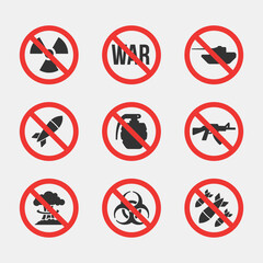 Red Stop Sign Military Weapon Collection. No War Symbol Silhouette Icon Set