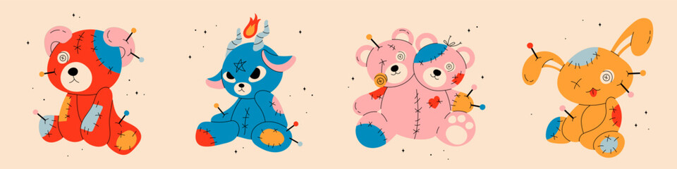 Set of Voodoo dolls with needles, pins, patches. Cute funny creatures. Flat style character. Hand drawn Vector illustration. Isolated design elements. Rag, textile, fabric toy. Icon, print template