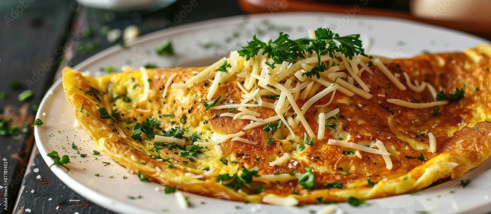 Aufkleber close up image of a gourmet omelet garnished with cheese on a white plate with copy space image