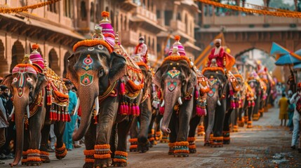 A procession of decorated elephants and camels during a vibrant Indian festival, highlighting the grandeur and cultural richness of India © Attasit