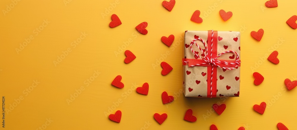 Poster Valentine s Day theme with a gift box surrounded by multiple small red hearts positioned in a flat lay arrangement on a yellow background perfect for copy space image