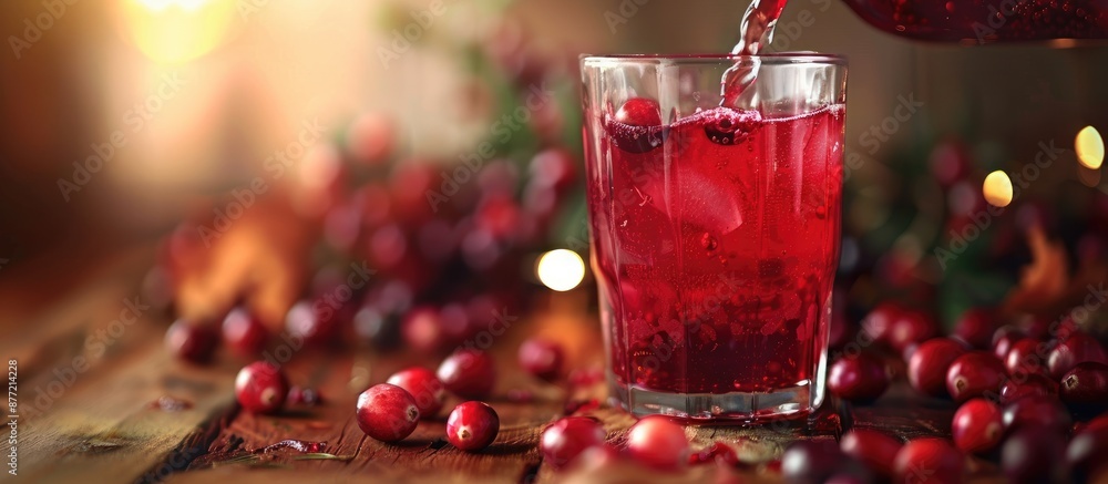 Aufkleber pouring cranberry juice into a glass on a wooden table in a close up shot with copy space image