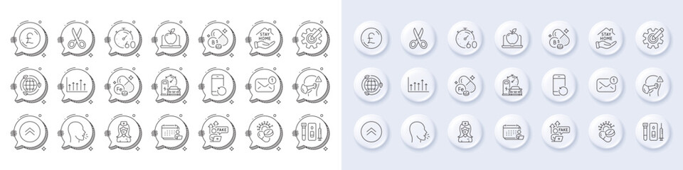 Accounting, Laptop and Stay home line icons. White pin 3d buttons, chat bubbles icons. Pack of Coronavirus pills, Fake internet, Cough icon. Cut, Cogwheel, Iron pictogram. Vector