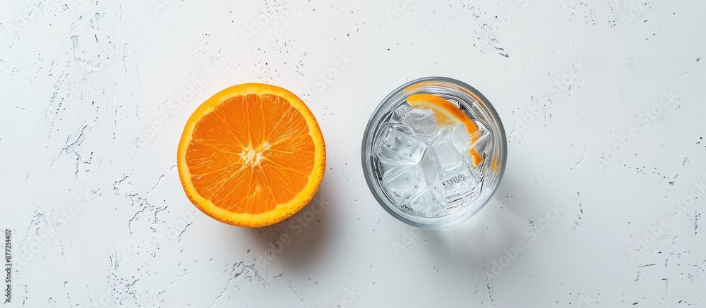 Aufkleber minimal flat lay concept featuring a top down perspective of an orange beside a glass of water on a 