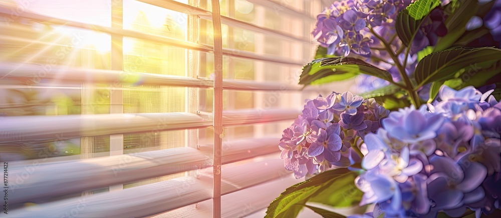 Aufkleber Close up view of a bright hydrangea garden through an open window with jalousie sun blinds creating a delightful copy space image