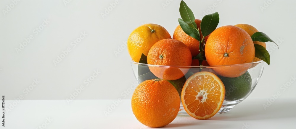 Poster a glass filled with fresh oranges and assorted fruits set against a white backdrop perfect for a cop
