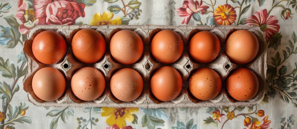 Aufkleber Brown chicken eggs arranged in a cardboard tray on a vintage floral backdrop in a top down perspective showcasing a rustic aesthetic with copy space image