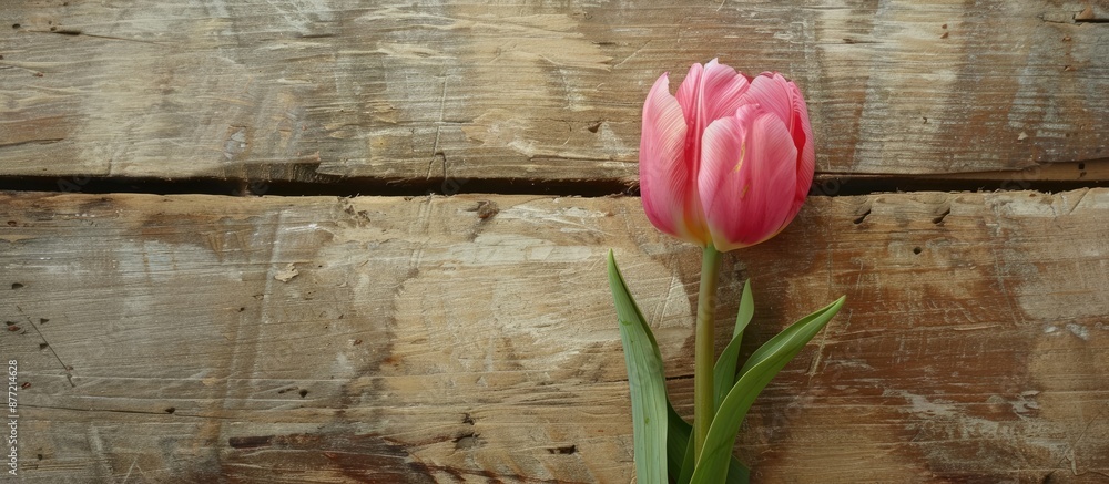 Aufkleber A pink tulip on a rustic table viewed from above with a clear area for additional content in the picture