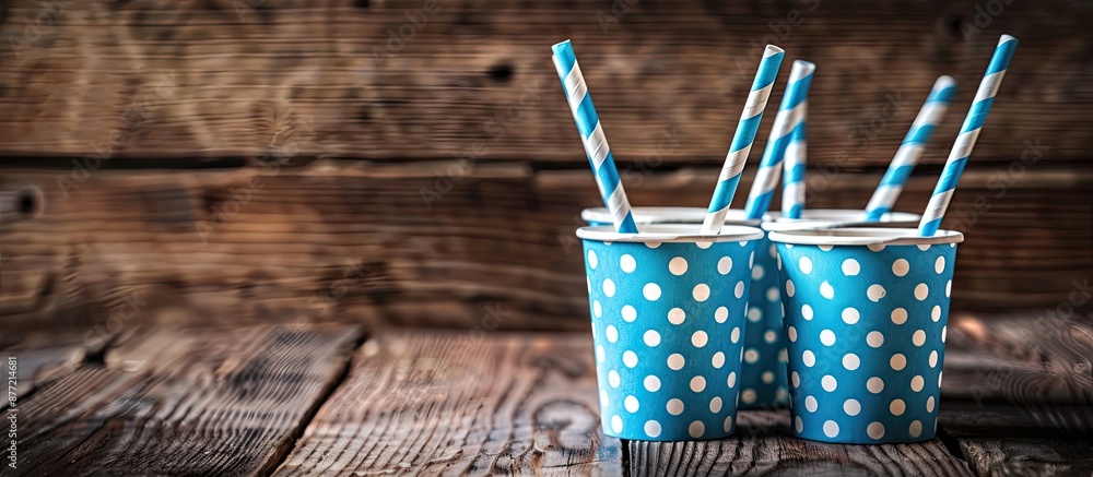 Aufkleber Blue polka dot cups with pretty straws for festive drinks displayed on a wooden table with copy space image available for text