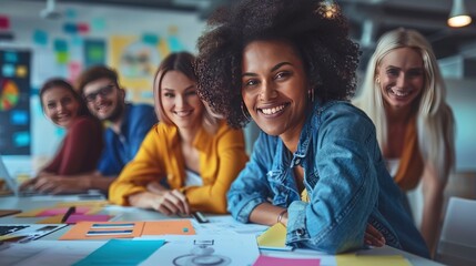 Smiling Woman Leans Over a Table During a Brainstorm Session