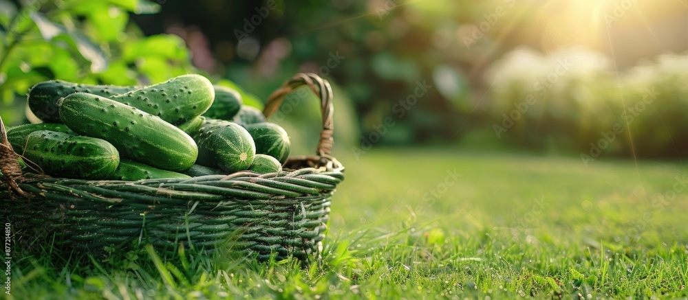 Poster cucumbers placed in a basket on a garden lawn with copy space image