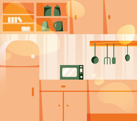 Kitchen interior wall with appliance and counters. Counters and shelves with utensils, kettle, microwave, retro fridge