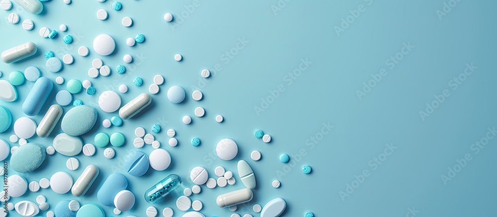 Poster a tranquil light blue background sets the scene for a composition of pills and capsules ideal for he