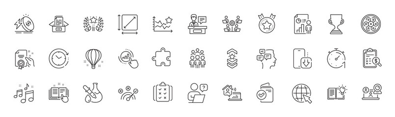 Technical documentation, Business report and Exhibitors line icons. Pack of Ranking stars, Group people, Chemistry experiment icon. Award cup, Phone download, Puzzle pictogram. Line icons. Vector