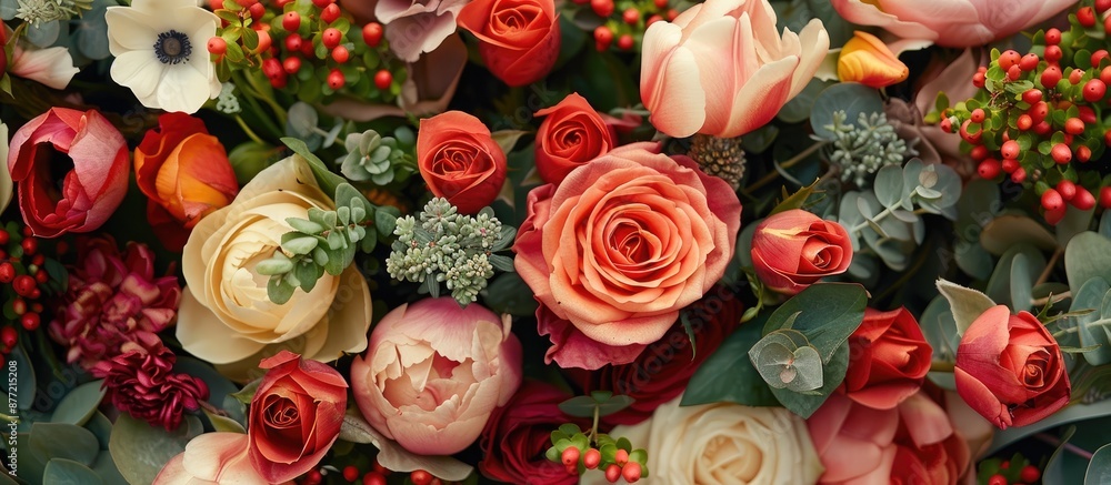 Poster a stylish arrangement of flowers including roses and tulips in a wedding bouquet with decorative pla