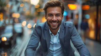 Fototapeta premium Smiling Man in Blue Suit at Night