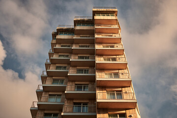 Building in the seaside town at sunset in summertime