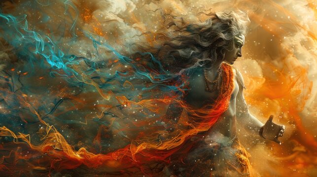 An artistic rendition of Lord Vayu, the wind god, depicted with flowing elements and a dynamic background