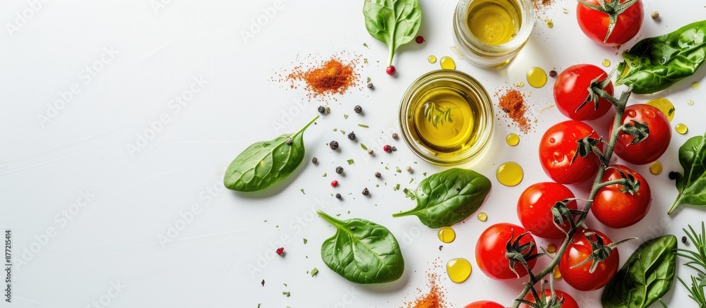 Poster tomatoes spinach and spices with olive oil on a white background with copy space image
