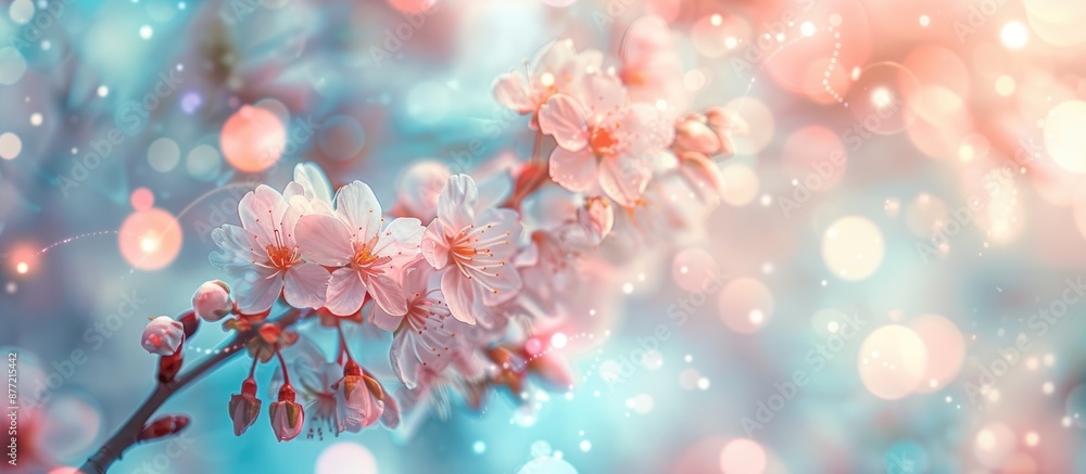 Aufkleber Soft and pastel floral card with cherry blossoms in spring creating a bokeh flower background with selective focus and shallow depth of field toned for a gentle look with copy space image