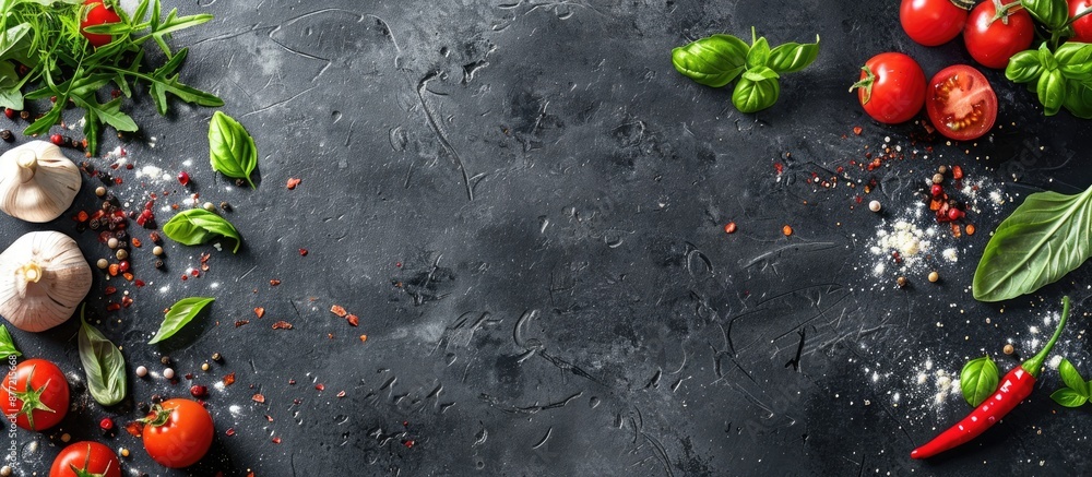 Aufkleber background color enhances frame composed of pizza ingredients with copy space image