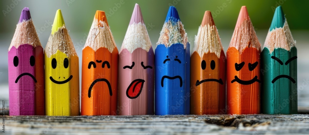 Poster colorful wooden pencils with expressive faces display various emotions in the copy space image